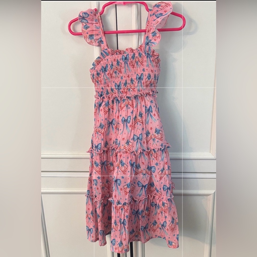 cheeky plum Pink Tiered Ruffle Dress with Blue Bow Print